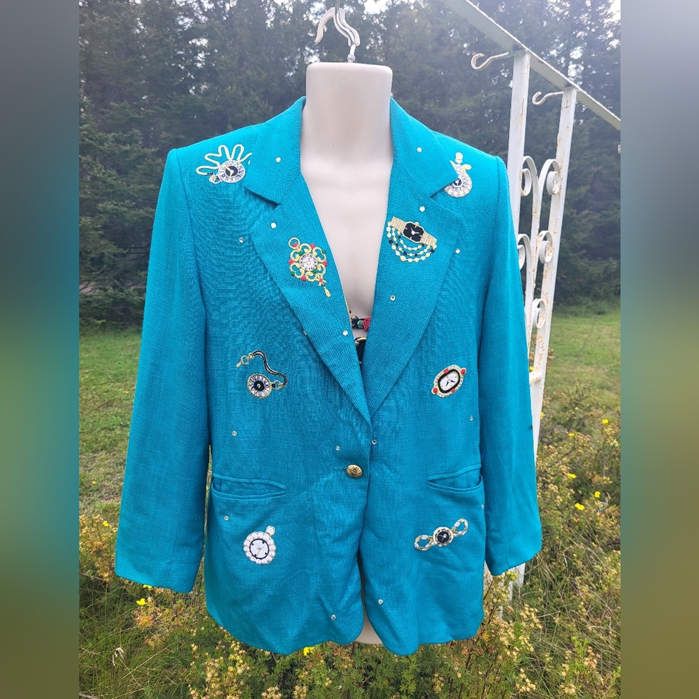 "Not Late for An Important Date" Vintage 1980s Teal Embellished Blazer